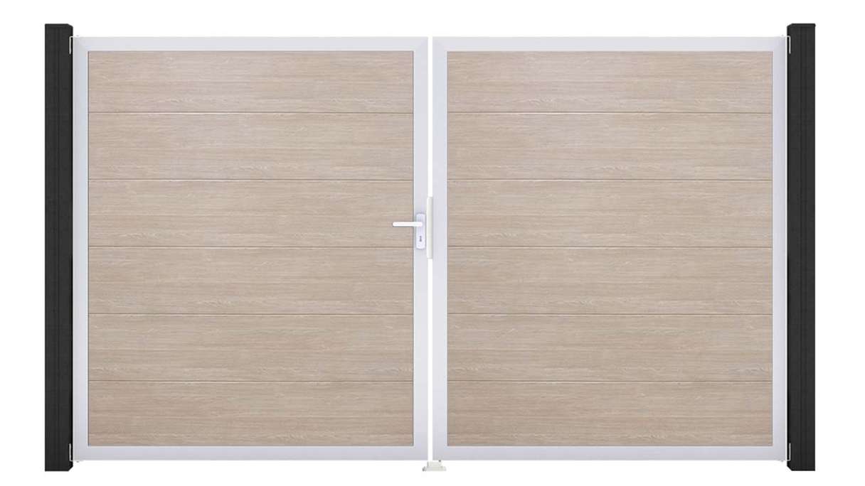 planeo Gardence Simply - Portail en PVC à deux vantaux, modèle Sheffield Oak, avec cadre en aluminium 