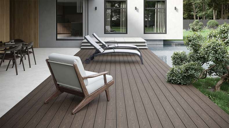 planeo CoEXWood Lame de terrasse WPC massif enrobé - gris anthracite/gris brun 3m structuré