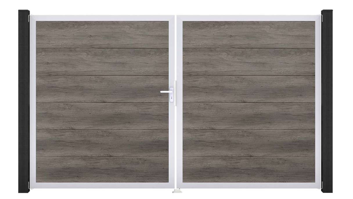 planeo Gardence Simply - Portail en PVC à deux vantaux, coloris Monument Oak, avec cadre en aluminium