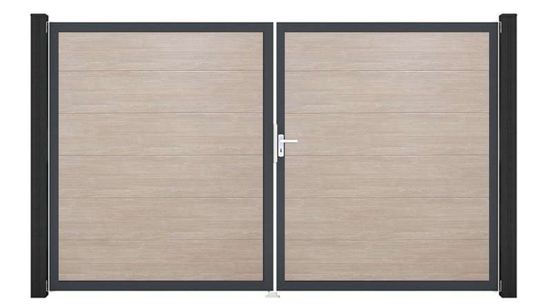 planeo Gardence Simply - Portail en PVC à deux vantaux, modèle Sheffield Oak, avec cadre en aluminium