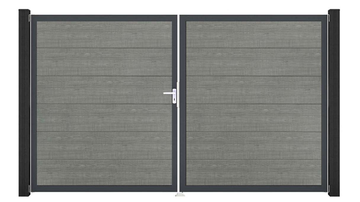 planeo Gardence Simply - Portail en PVC à deux battants « Grey Ash Cut » avec cadre en aluminium