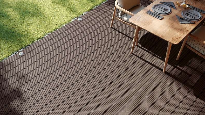 planeo LineWood Lame de terrasse WPC massif - brun foncé 3m rainuré/cannelé