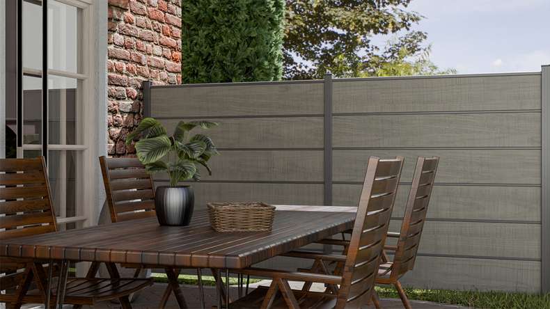 planeo Gardence Simply Premium - Clôture à emboîter en PVC Grey Ash Cut avec pilastres en anthracite 180 x 180 cm