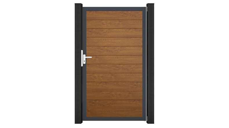 planeo Gardence Simply Small - Portail universel en PVC « Golden Oak » avec cadre en aluminium, 100 x 180 cm