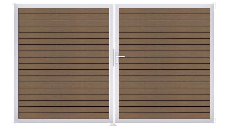 planeo Gardence Trendy - Porte en BPC rhombique - DIN droite 2 vantaux teck co-ex avec cadre en aluminium argenté | EV1