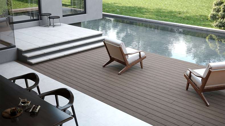 planeo CoEXWood Lame de terrasse WPC massif enrobé - gris anthracite/gris brun 4.2m structuré