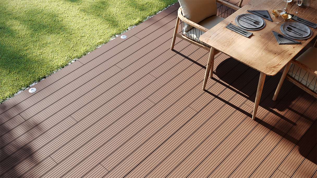 planeo LightWood Kit complet de terrasse WPC à lames creuses - brun clair rainuré/cannelé