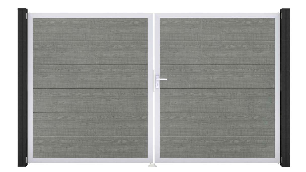 planeo Gardence Simply - Portail en PVC à deux battants « Grey Ash Cut » avec cadre en aluminium