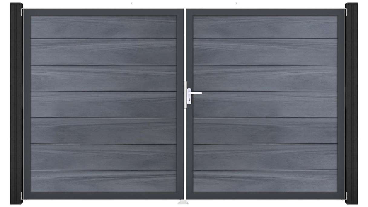 planeo Gardence Strong XL - Portail BPC - 2 vantaux, gris pierre, co-extrudé avec cadre en aluminium