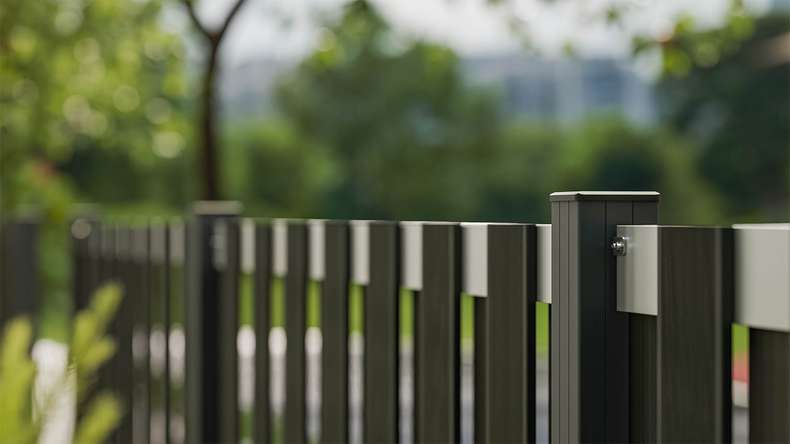 planeo Gardence Premade - Clôture de jardin BPC Clôture d'avant-cour Anthracite avec EV1 argent Traverse 180 x 90cm