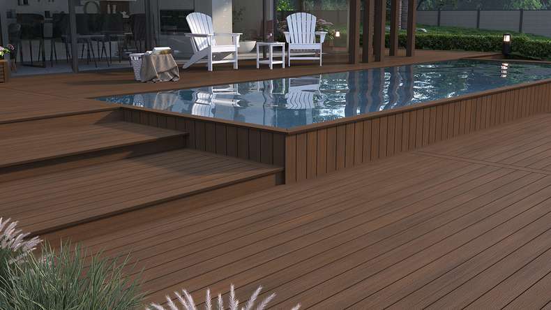 planeo WOODLine Nature - Lame de terrasse alvéolaire enrobée de WPC CoEx - Ipe brun 3m structuré/lisse brossé