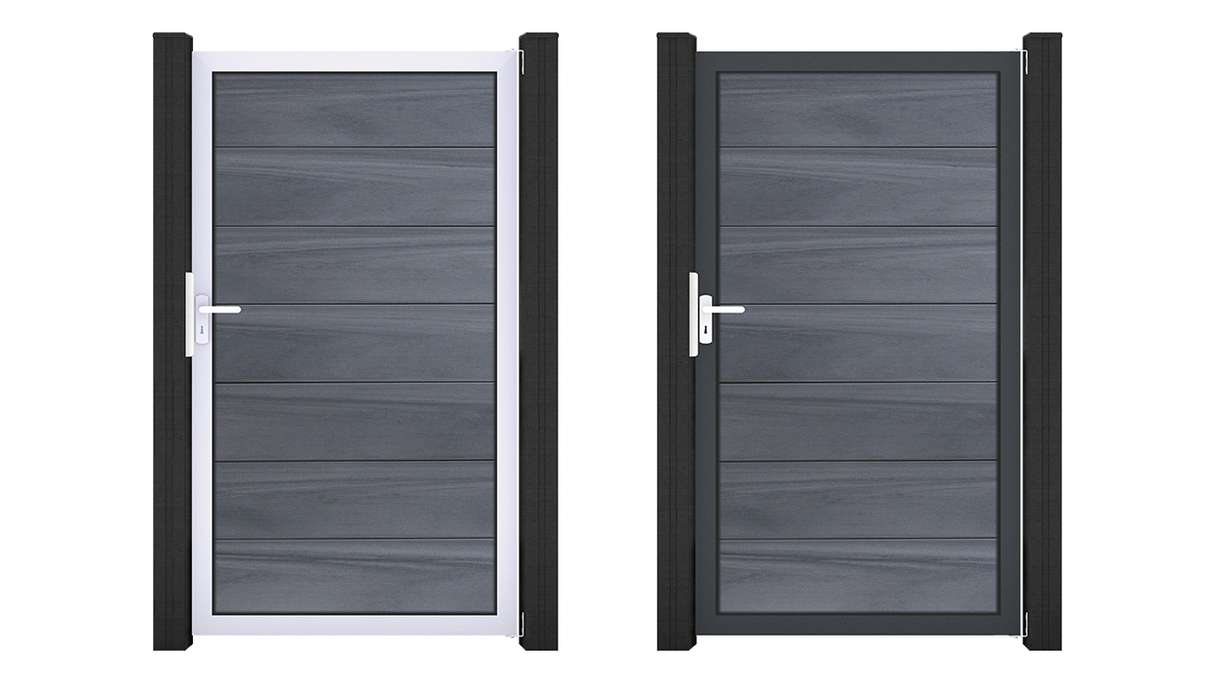 planeo Gardence Strong XL - Portail universel BPC gris pierre, en co-extrudé avec cadre en aluminium, 100 x 180 x 4 cm