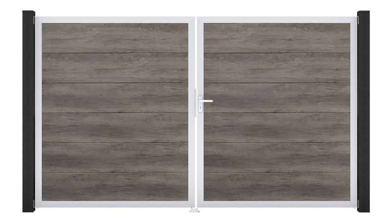 planeo Gardence Simply - Porte PVC DIN droite 2 vantaux Monument Oak avec cadre aluminium argenté