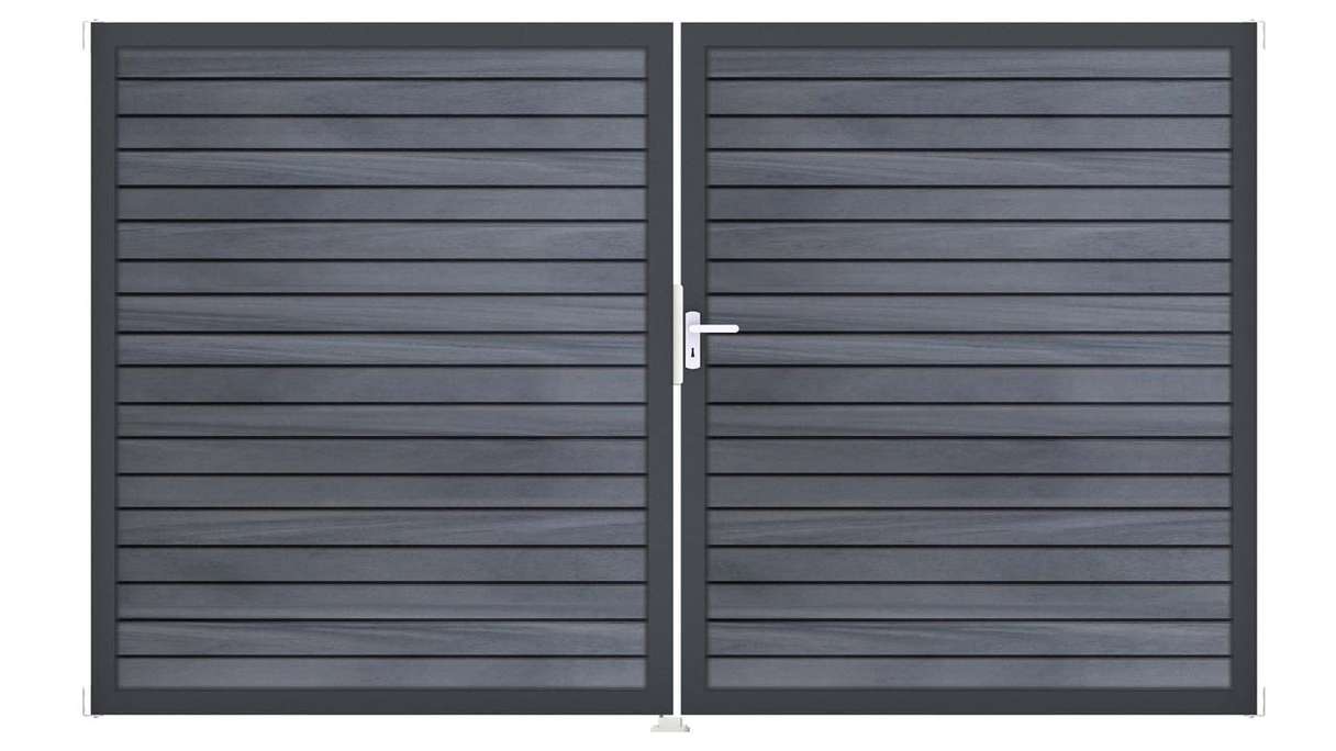 planeo Gardence Trendy - Portail BPC en losange - 2 vantaux, gris pierre, co-extrudé avec cadre en aluminium