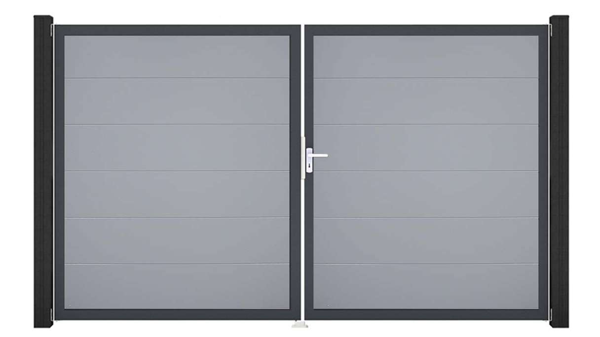 planeo Gardence Simply - Portail en PVC à deux vantaux, gris argenté, avec cadre en aluminium