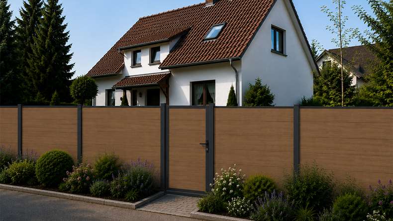planeo INFINITY XL-Board - WPC CoEx Clôture à emboîter Burma Teck 176 x 183