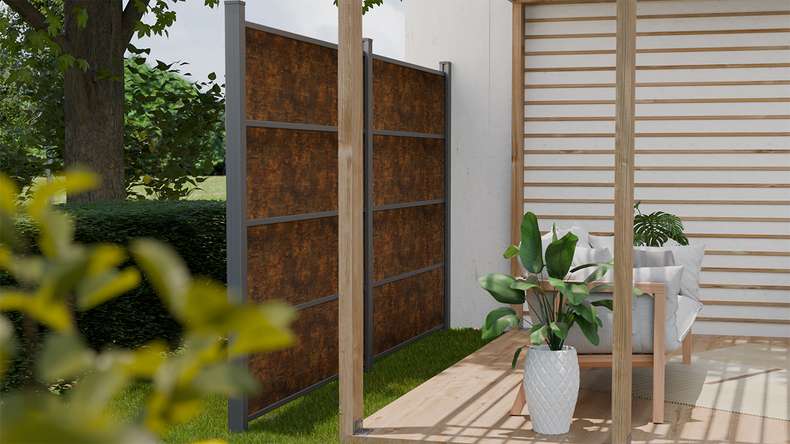 planeo Gardence Resistant - Clôture à emboîter HPL aspect rouille 180 x 183 cm