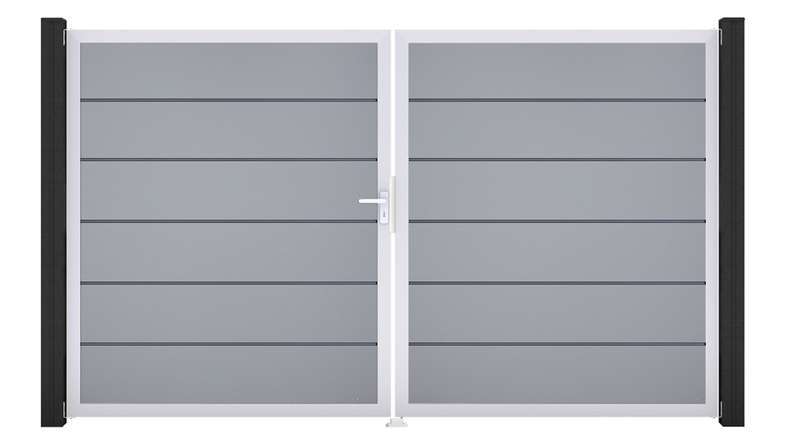 planeo Gardence Simply Premium - Portail en PVC à deux vantaux, gris argenté, avec cadre en aluminium, 300 x 180 cm