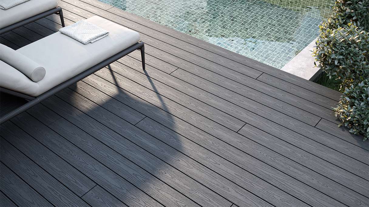 planeo CoEXWood Kit complet de terrasse en WPC Plancher massif - gris/ciment structuré