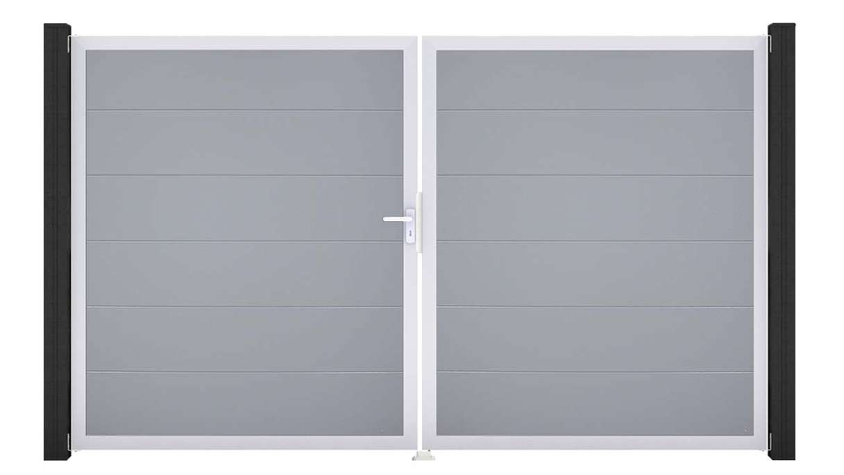 planeo Gardence Simply - Portail en PVC à deux vantaux, gris argenté, avec cadre en aluminium