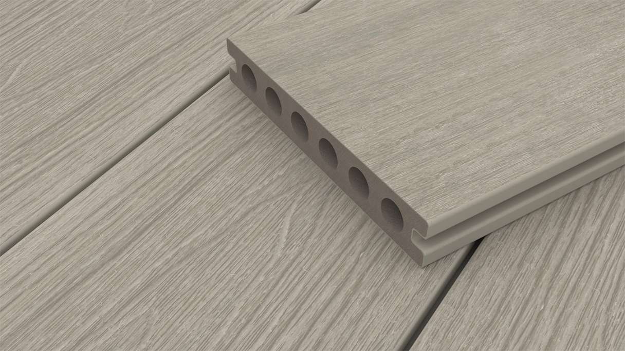 planeo WOODLine Nature - Lame de terrasse WPC CoEx enrobée chambre creuse - gris clair 3m structuré/lisse brossé