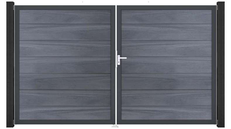 planeo Gardence Strong XL - Portail BPC - 2 vantaux, gris pierre, co-extrudé avec cadre en aluminium