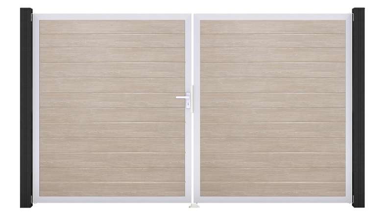 planeo Gardence Simply Small - Porte PVC - DIN gauche 2 vantaux Sheffield Oak avec cadre aluminium argent | EV1 300 x 180 cm