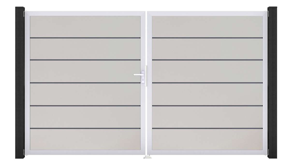 planeo Gardence Simply Premium - Portail en PVC à deux vantaux, blanc, avec cadre en aluminium, 300 x 180 cm