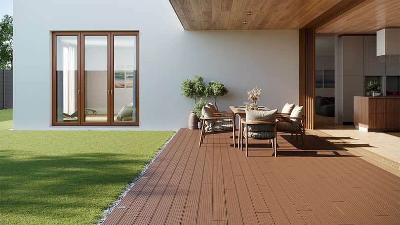 planeo LightWood WPC Lame de terrasse alvéolaire - brun clair 3m rainuré/cannelé