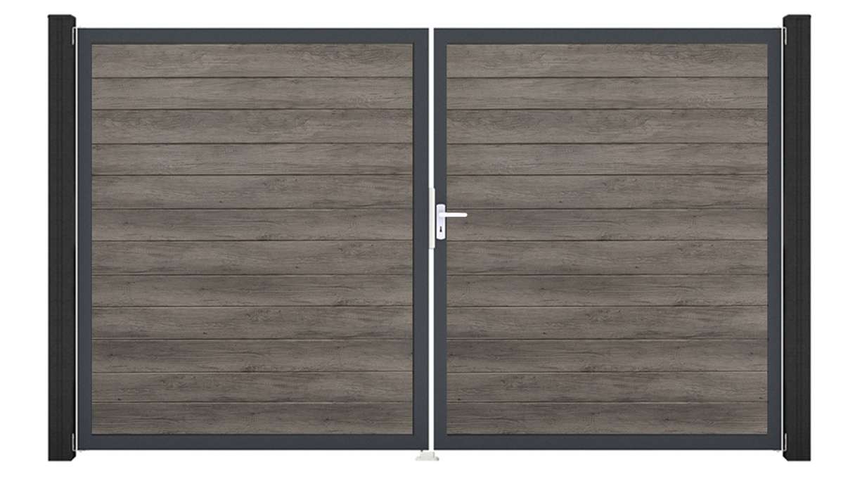 planeo Gardence Simply Small - Portail en PVC à deux vantaux, couleur Monument Oak, avec cadre en aluminium, 300 x 180 cm