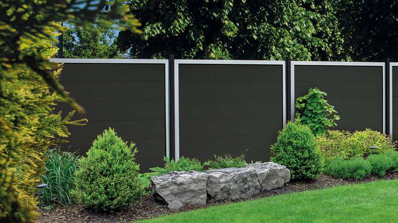 planeo Gardence Guard - Clôture composite Carré Anthracite avec cadre aluminium argent