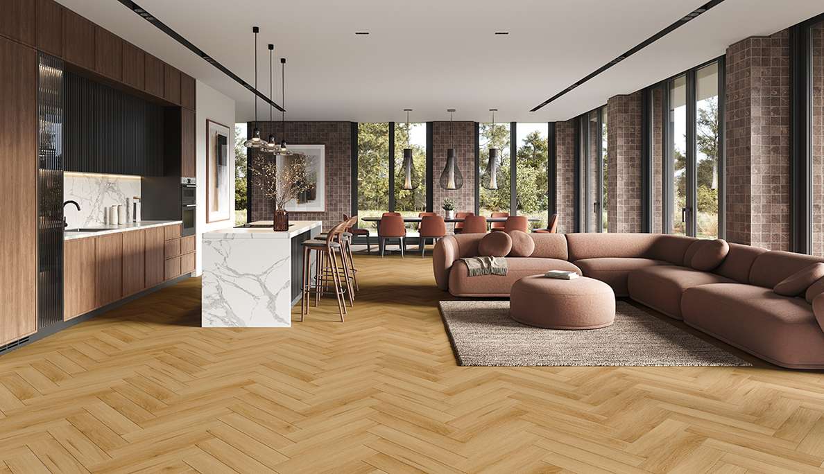 Vinyle rigide à clipser planeo - SolutionX 2 en 1, motif à chevrons, chêne doré