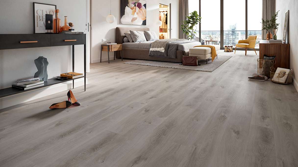 planeo Vinyle à clic rigide - HOMEtec Basic 30 IXPE Soft Mid Grey | Isolation phonique intégrée (RP-E30-7)