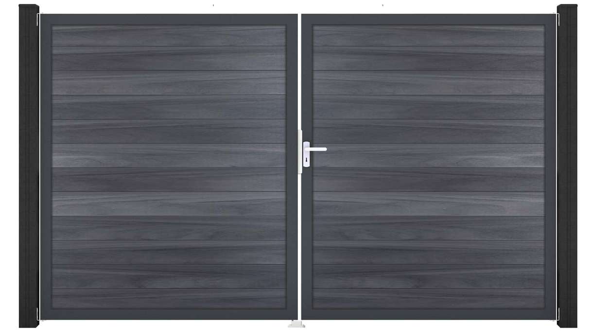 planeo Gardence Strong - Portail BPC - À deux vantaux, gris pierre, co-extrudé avec cadre en aluminium