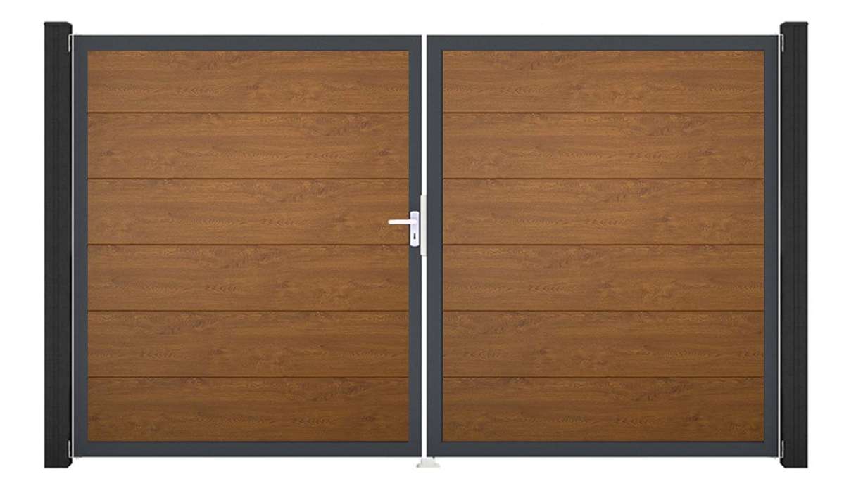 planeo Gardence Simply - Portail en PVC à deux vantaux, couleur Golden Oak, avec cadre en aluminium