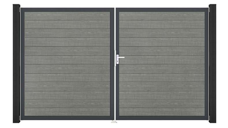 planeo Gardence Simply Small - Portail en PVC à deux vantaux « Grey Ash Cut » avec cadre en aluminium, 300 x 180 cm