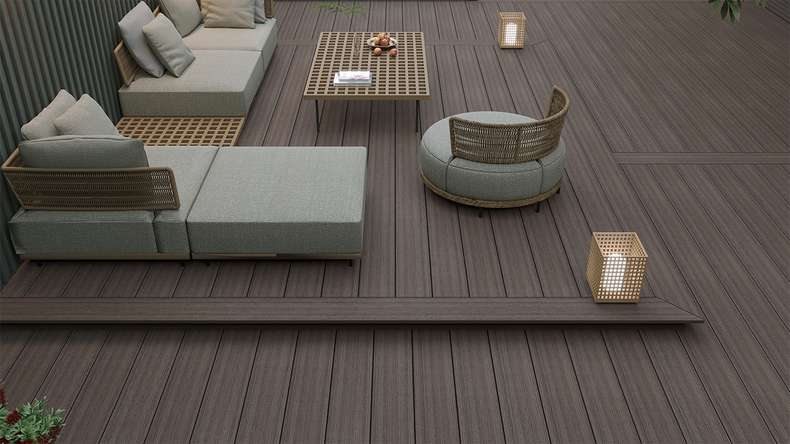 planeo MAXLine Antik - Planche de terrasse WPC CoEx gainée XL massif - brun foncé 3m rustique structuré/lisse brossé