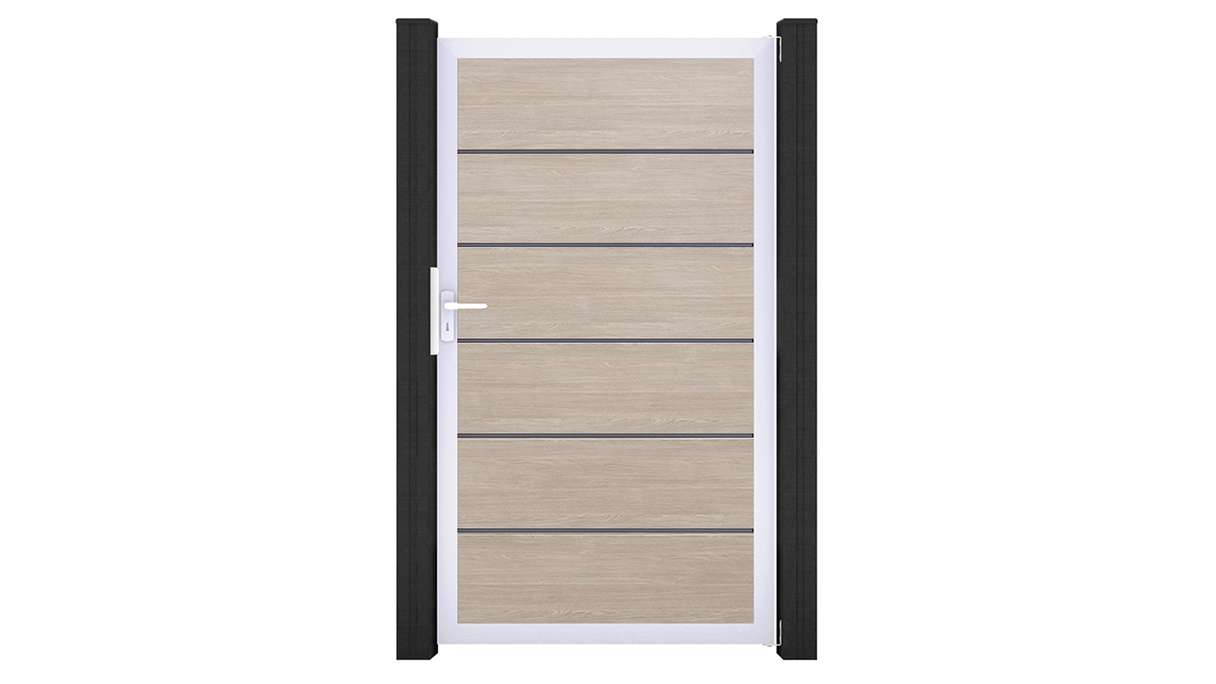 planeo Gardence Simply Premium - Portail universel en PVC « Sheffield Oak » avec cadre en aluminium, 100 x 180 cm 