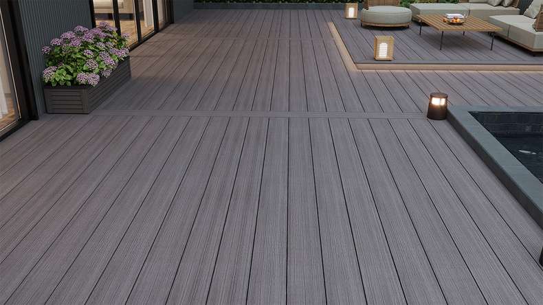 planeo MAXLine Antik - Planche de terrasse WPC CoEx gainée XL massif - gris 3m rustique structuré/lisse brossé