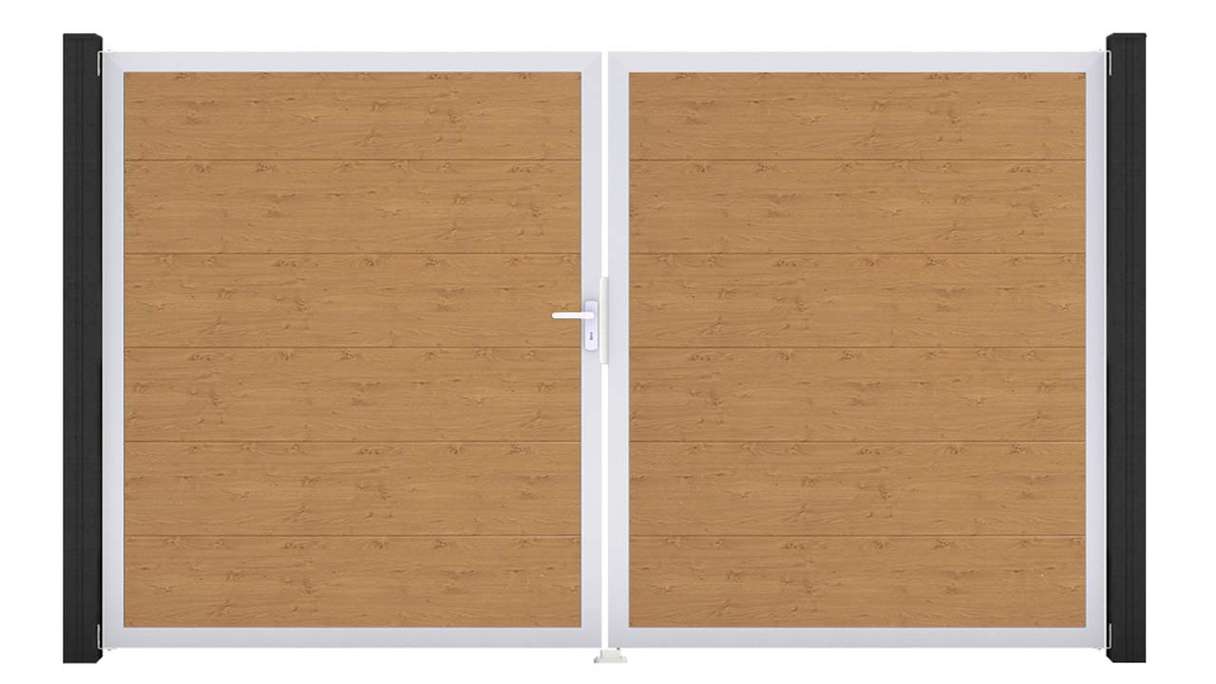 planeo Gardence Simply - Portail en PVC à deux vantaux, finition chêne naturel, avec cadre en aluminium