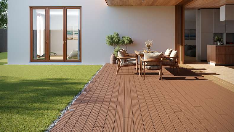 planeo LineWood Lame de terrasse WPC massif - brun clair 4.80m rainuré/cannelé