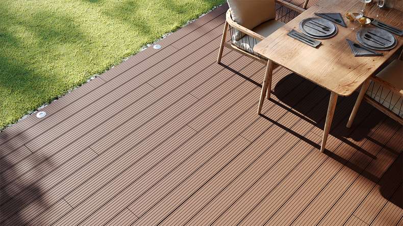 planeo LineWood Lame de terrasse WPC massif - brun clair rainuré/cannelé