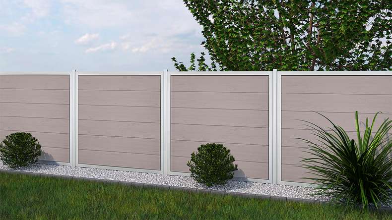 planeo Gardence Guard - Clôture composite Carré Bi-Color Sable avec cadre aluminium argent
