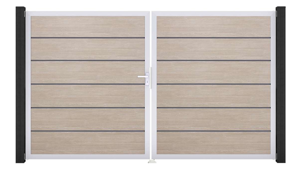 planeo Gardence Simply Premium - Portail en PVC à deux vantaux, modèle Sheffield Oak avec cadre en aluminium, 300 x 180 cm