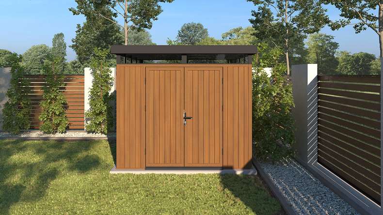 Abri de jardin planeo WPC CoEx à toit plat, modèle M - Teck de Birmanie, 250 x 250 x 226,5 cm