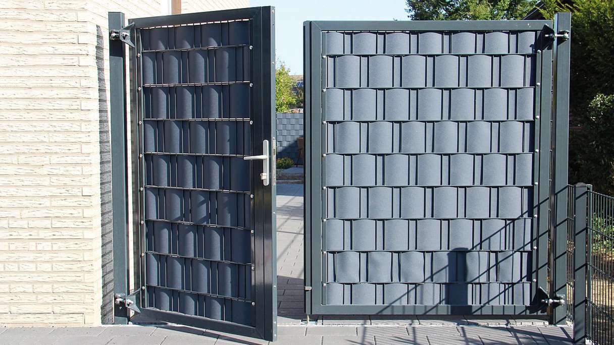 Porte universelle planeo lourde 2 vantaux asymétriques anthracite H 1600 x L 3450 poteaux de porte inclus