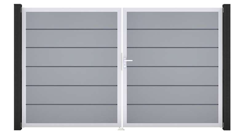 planeo Gardence Simply Premium - Portail en PVC à deux vantaux, gris argenté, avec cadre en aluminium, 300 x 180 cm