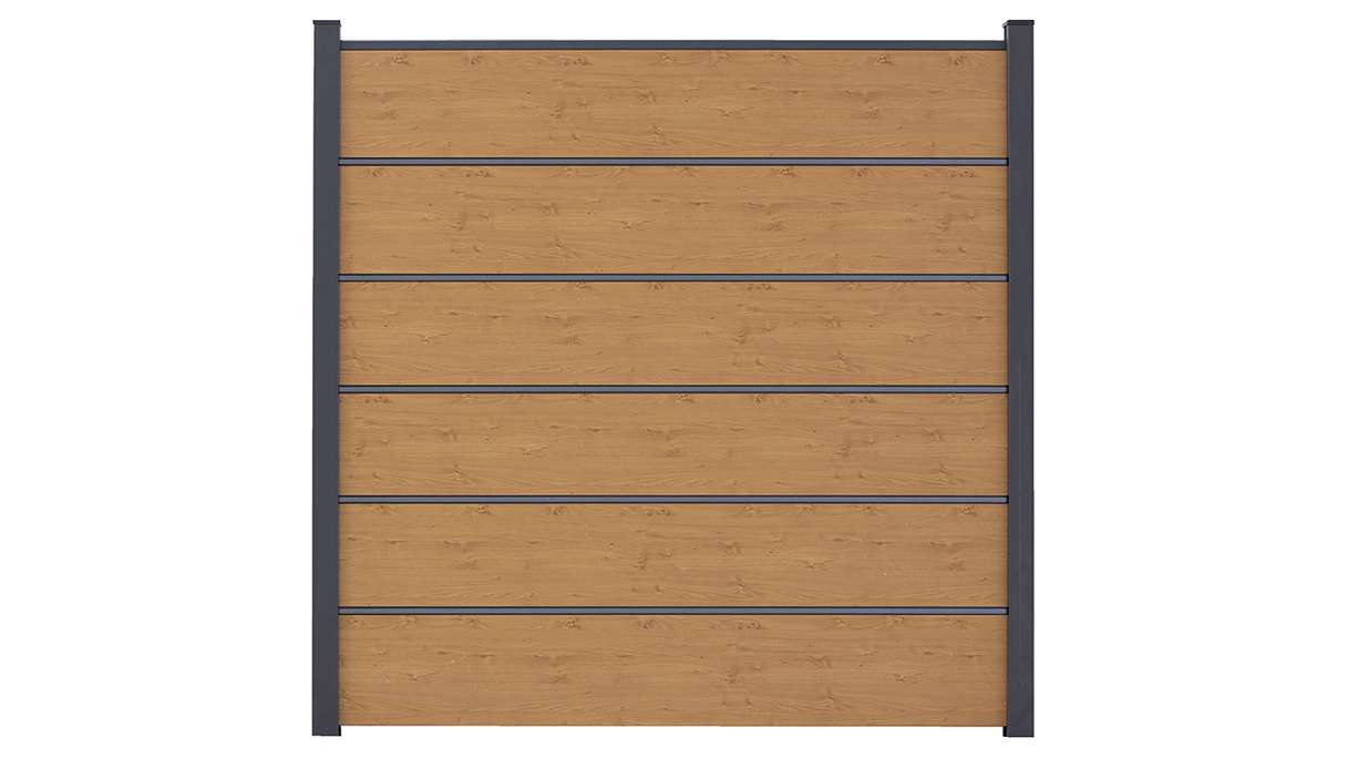 planeo Gardence Simply Premium - Clôture PVC à emboîter chêne cendré naturel avec pilastres anthracite 180 x 180 cm