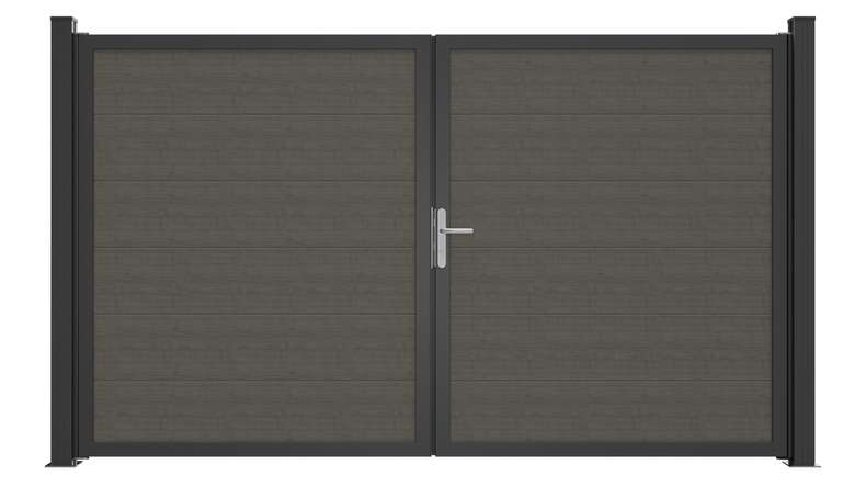 planeo Gardence Simply Guard - Portail en PVC - À deux vantaux, modèle « Grey Ash Cut » avec cadre en aluminium, 300 x 180 cm