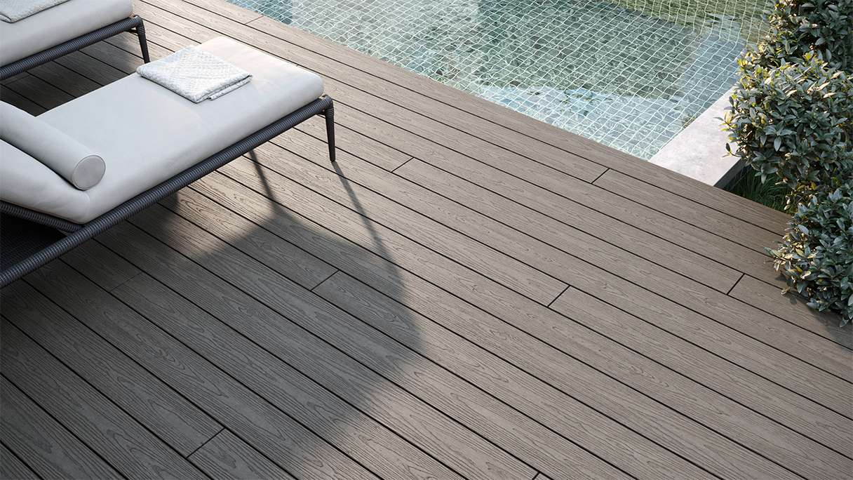 planeo CoEXWood Kit complet de terrasse en WPC Plancher massif - gris anthracite/gris brun structuré